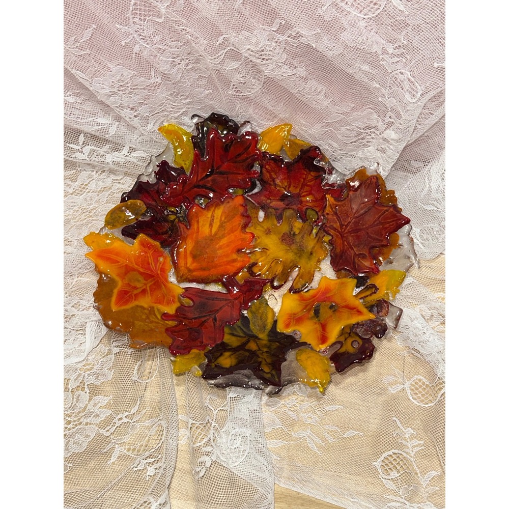 Handcrafted Slumped Glass Autumn Leaf Bowl Fall Thanksgiving Decor 10 Inch